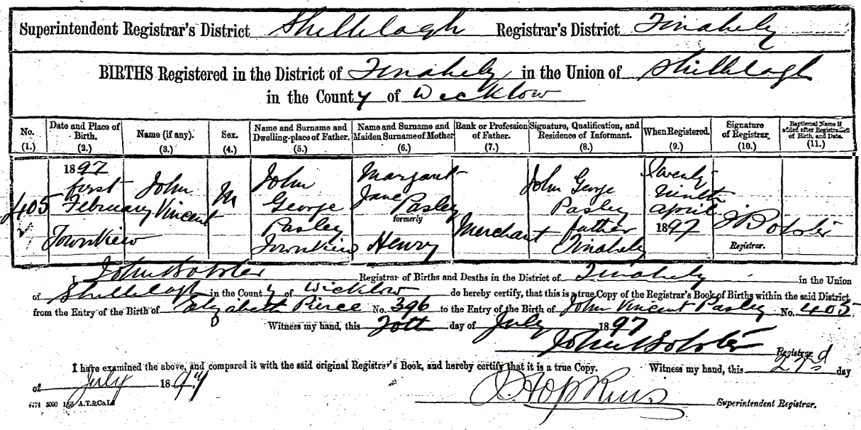 Birth registry entry John Vincent Pasley