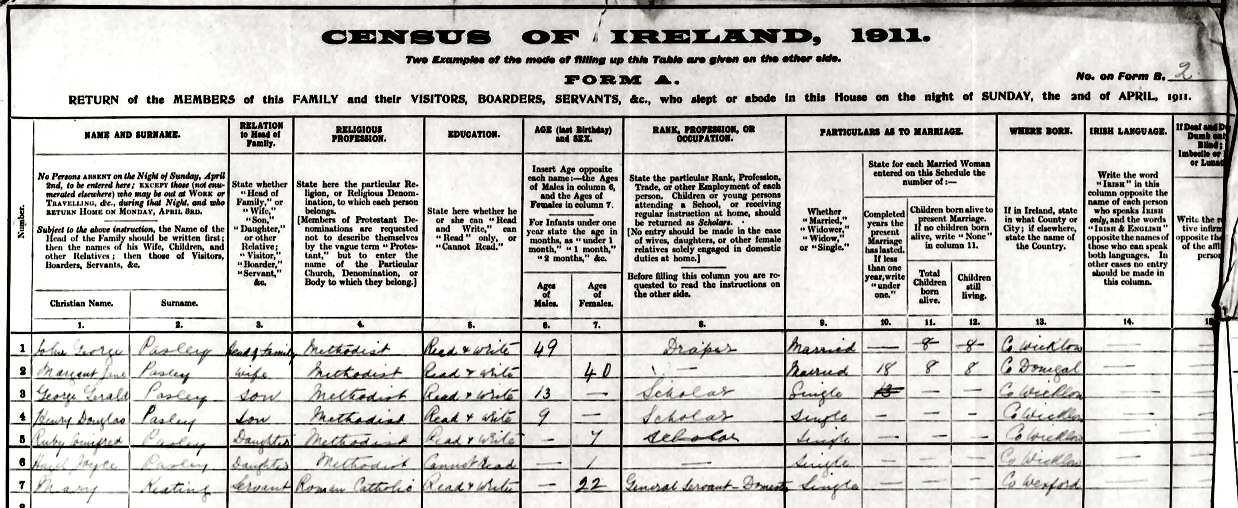 1911 Ireland Census, Pasley family